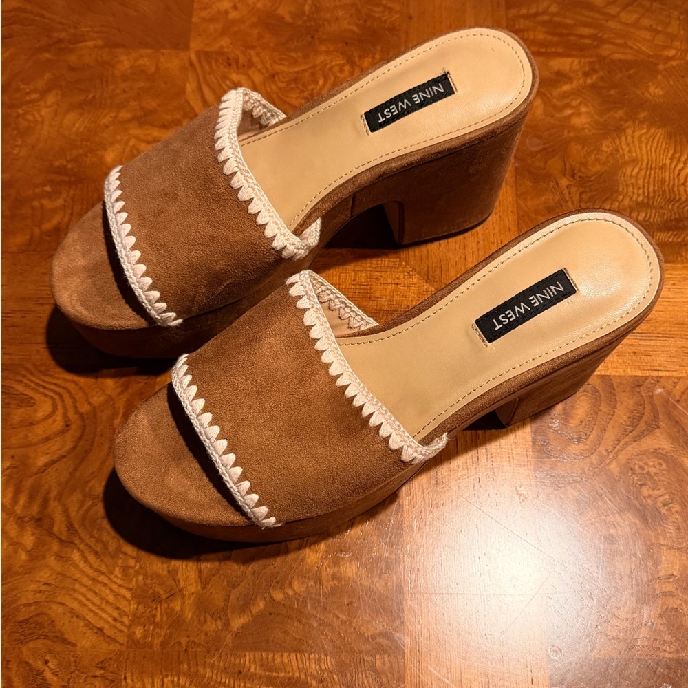 Nine West Tan Suede Platform Heels with Cream Trim